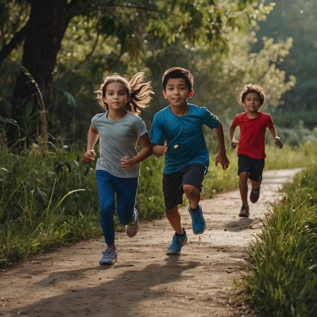 a boy and girl are running down a trail with the word quot on the back quot