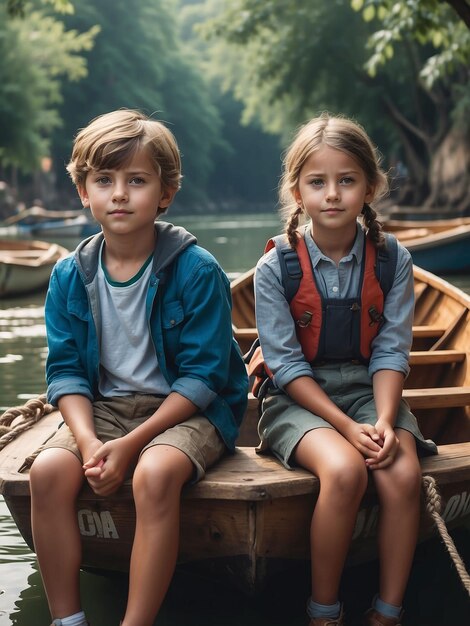 A boy and a girl are sitting between the boats in the river