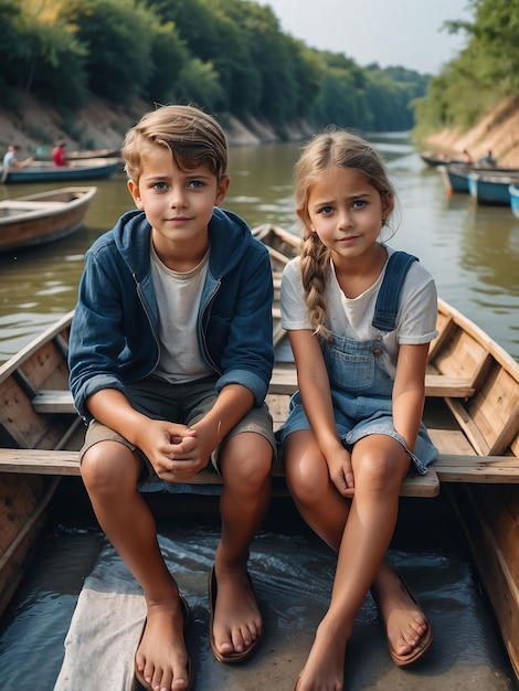 A boy and a girl are sitting between the boats in the river