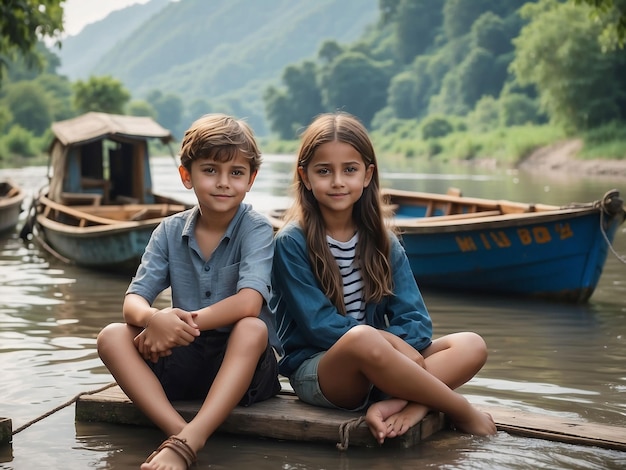 A boy and a girl are sitting between the boats in the river