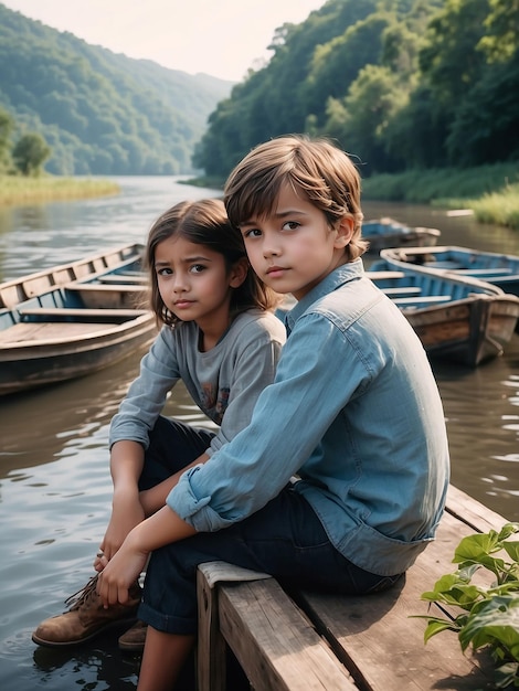 A boy and a girl are sitting between the boats in the river