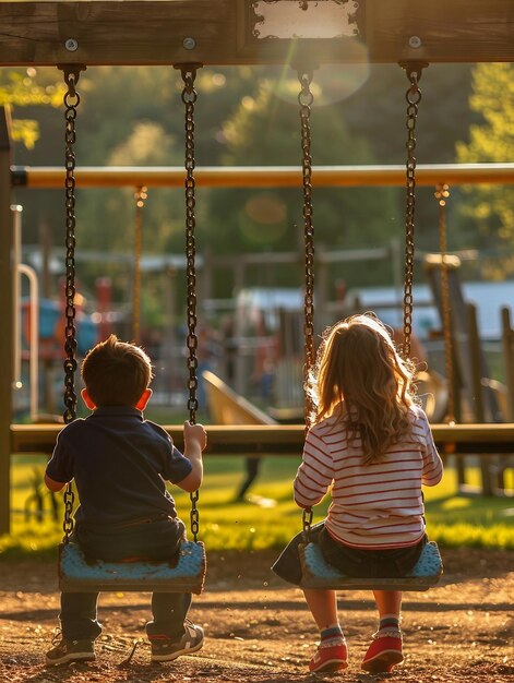 A boy and a girl are sitting on a swing