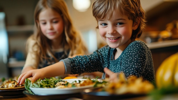 Photo a boy and girl are sitting at a table with food and a plate of food with a fork and a plate of food