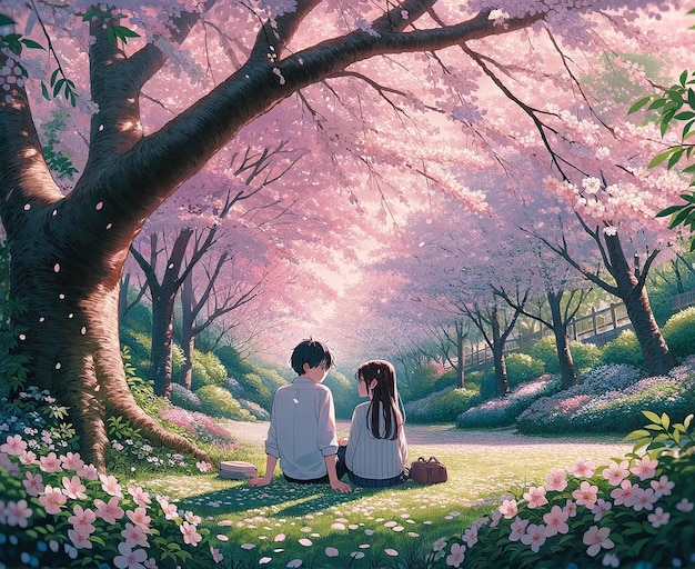 A boy and a girl are sitting together under the canopy of a cherry blossom tree