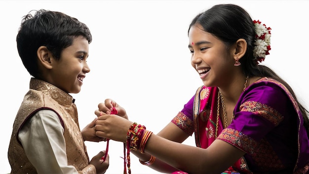 a boy and girl are smiling and the boy is wearing a colorful sari