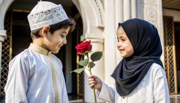 Photo a boy and a girl are standing in front of a building with a rose