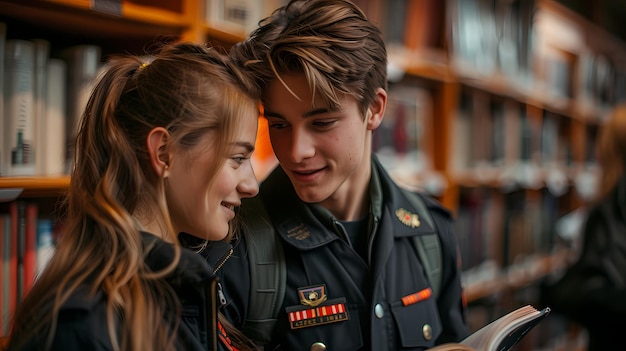 a boy and girl are talking to each other in a library