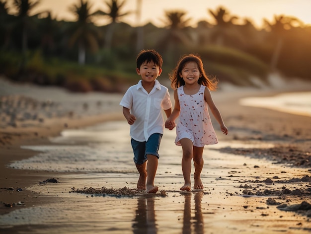 a boy and girl are walking on the beach and the boy is holding hands