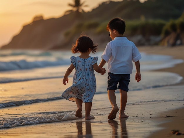 a boy and girl are walking on the beach holding hands and holding hands