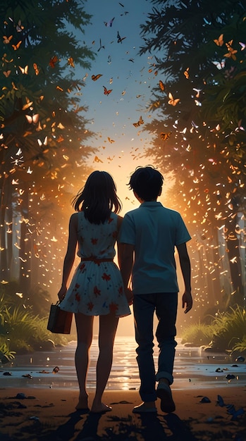 a boy and a girl are walking in the forest with butterflies in the background