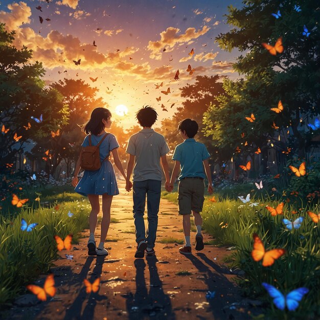 a boy and a girl are walking in a park with butterflies flying around them