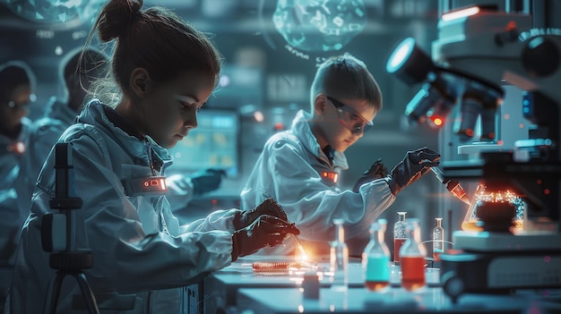 a boy and girl are working in a lab with a bottle of liquid