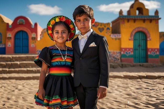 a boy and girl in colorful clothes stand on a beach