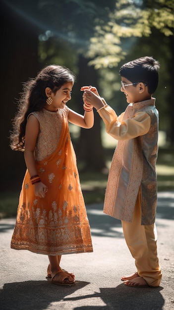 A boy and girl dancing in front of trees