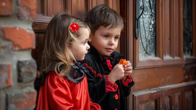 Photo a boy and girl dressed up as a witch with a flower in their hair