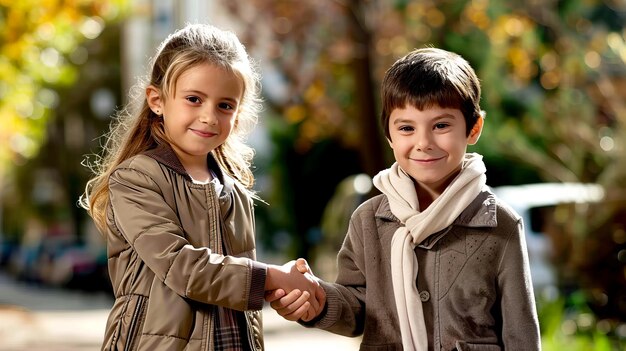 Photo boy and girl holding hands and smiling at the camera on city street