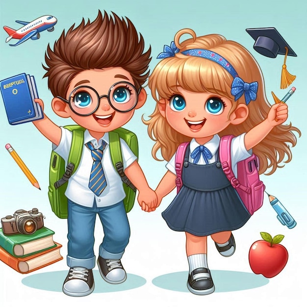 Photo a boy and girl holding hands with a backpack and a book called  school