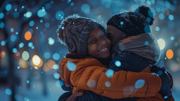 a boy and girl hug in the snow the word love is on the face of a snow storm