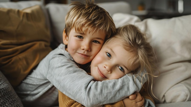 Photo a boy and girl hugging each other both wearing a sweater