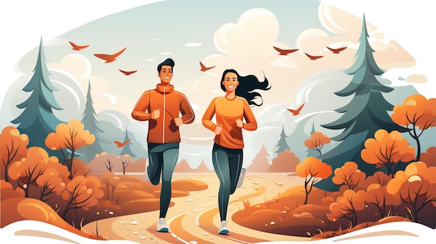 Boy and girl jogging Flat vector illustration daily activities working on white background