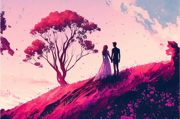 Boy and girl in love Couples embracing each other in love on the hill digital art style illustration painting