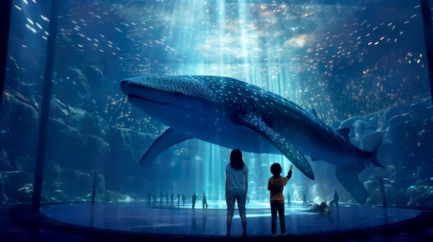 Boy and girl near the aquarium with a huge whale shark