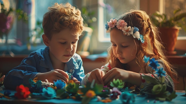 Photo a boy and girl playing with easter eggs on a table