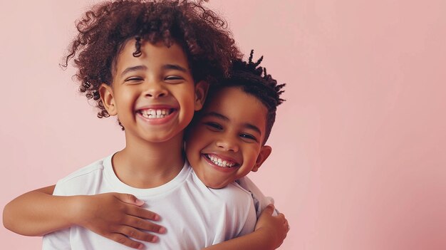 a boy and girl pose for a picture with a light background