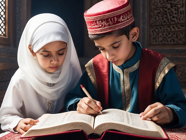 A boy and a girl reading Quran