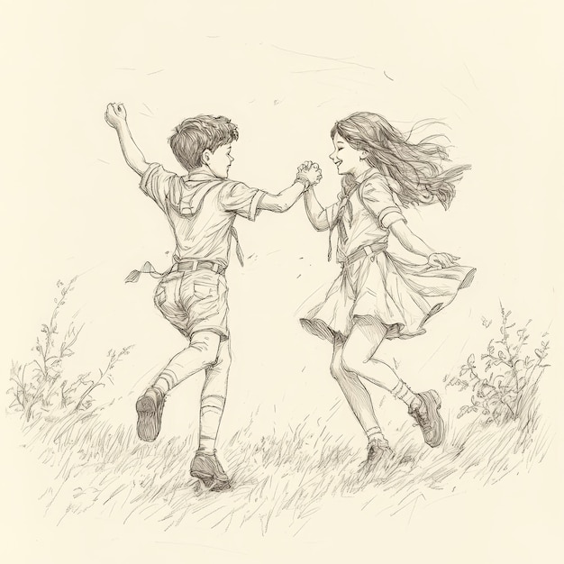 Photo boy and girl running in the field ink black and white drawing