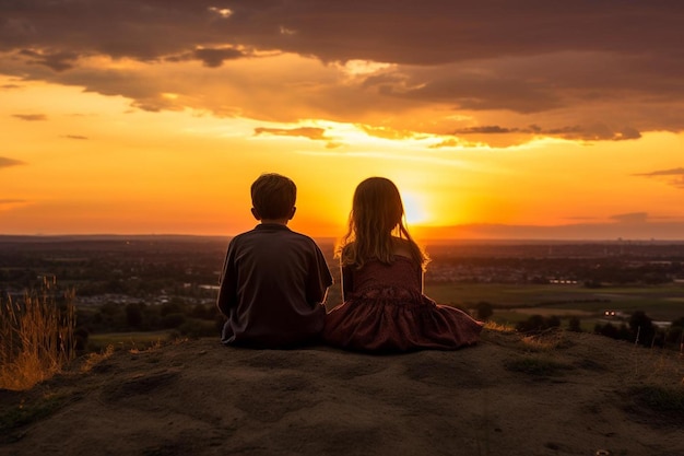 a boy and a girl sit on a hill and look at the sunset.