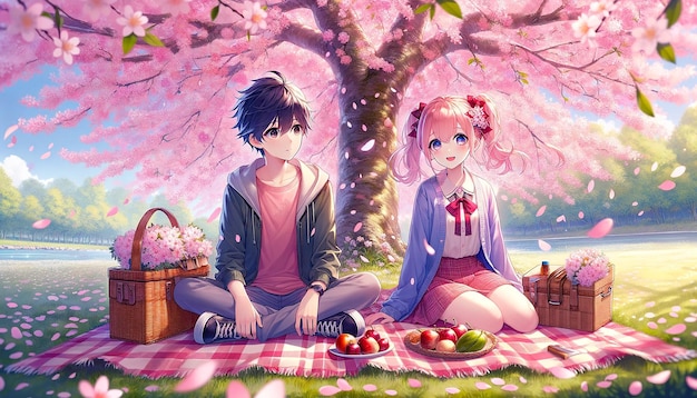 A boy and a girl sitting together under a cherry blossom tree in full bloom