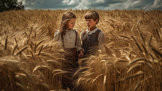 A boy and girl stand in a field of wheat.