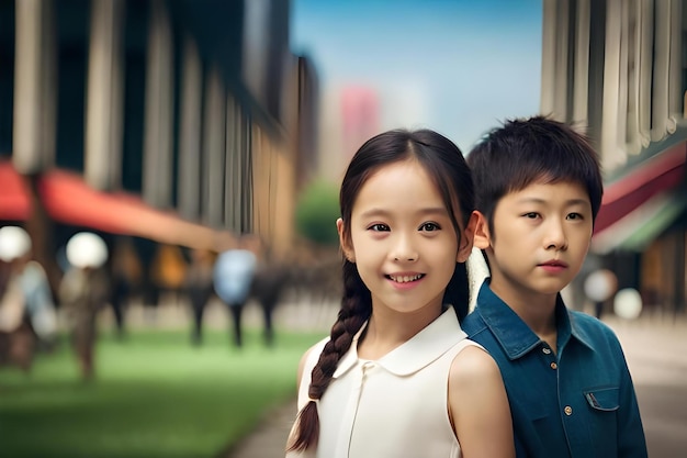 A boy and girl stand in front of a building