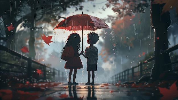 A boy and a girl stand under an umbrella in the rain