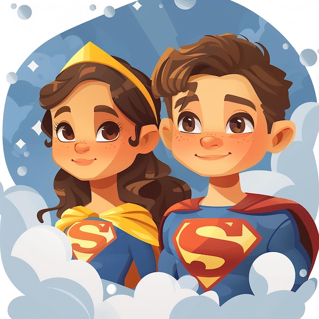 a boy and girl in a superhero costume are in the clouds