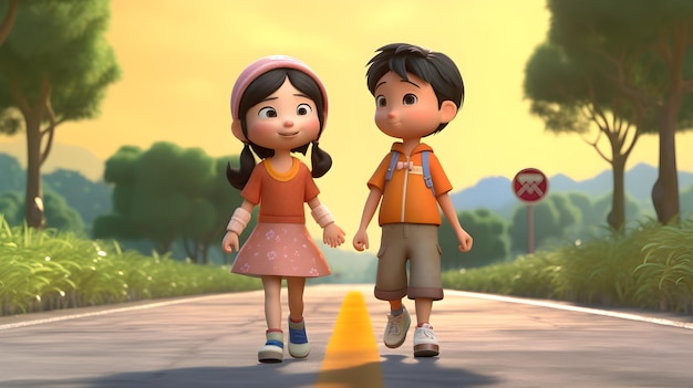 A boy and girl walking down the road holding hands.