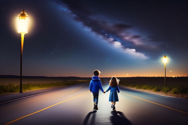 A boy and girl walking down a road holding hands.