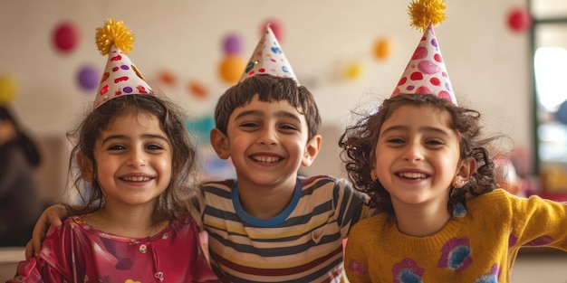 a boy and girl wearing party hats with the words  happy birthday  on the top