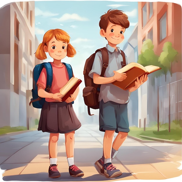 Boy and Girlelementary school student with a backpack and a book