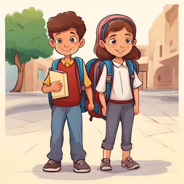 Boy and Girlelementary school student with a backpack and a book