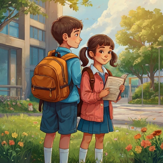 Boy and Girlelementary school student with a backpack and a book