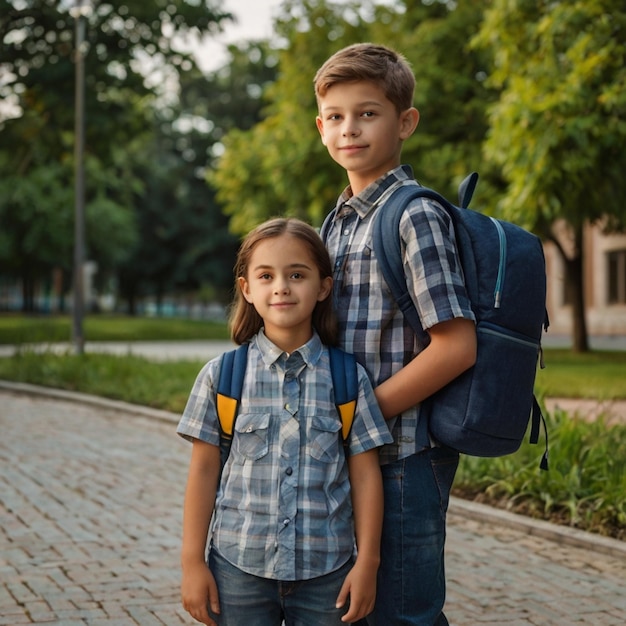 Boy and Girlelementary school student with a backpack and a book