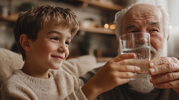 the boy gives his grandfather a glass of water Selective focus