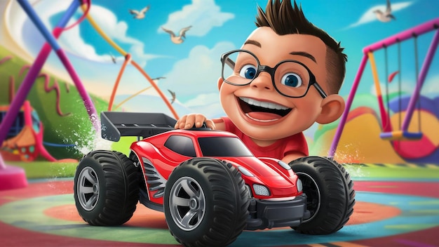 a boy in glasses is playing with a red car