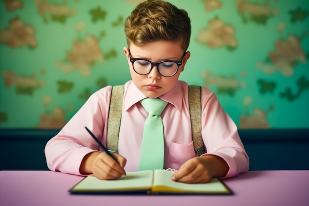 Boy in glasses and tie is writing on book Generative AI