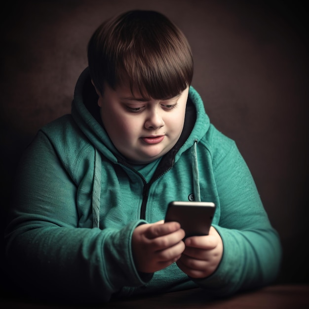 A boy in a green hoodie playing with a phone.