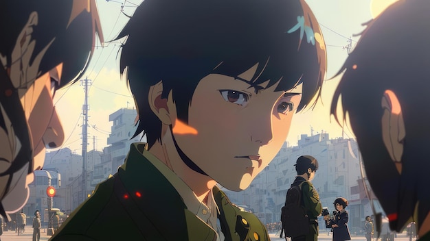 A boy in a green jacket stands in front of a cityscape.