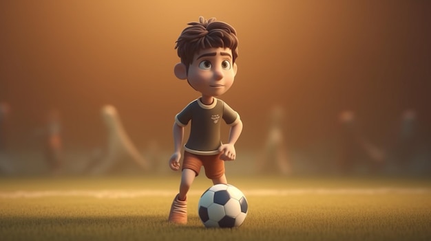 A boy in a green shirt and orange shorts kicks a soccer ball on a field.