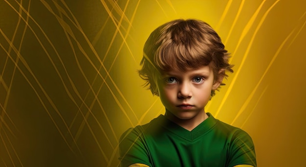 A boy in a green shirt stands in front of a yellow background with the words " the word " on the front. "